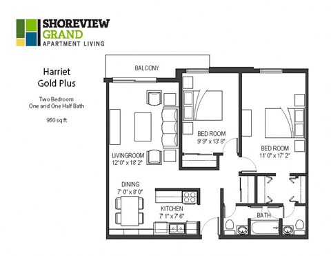 Floor plan for 2 beds, 1 bath, 950 sqft